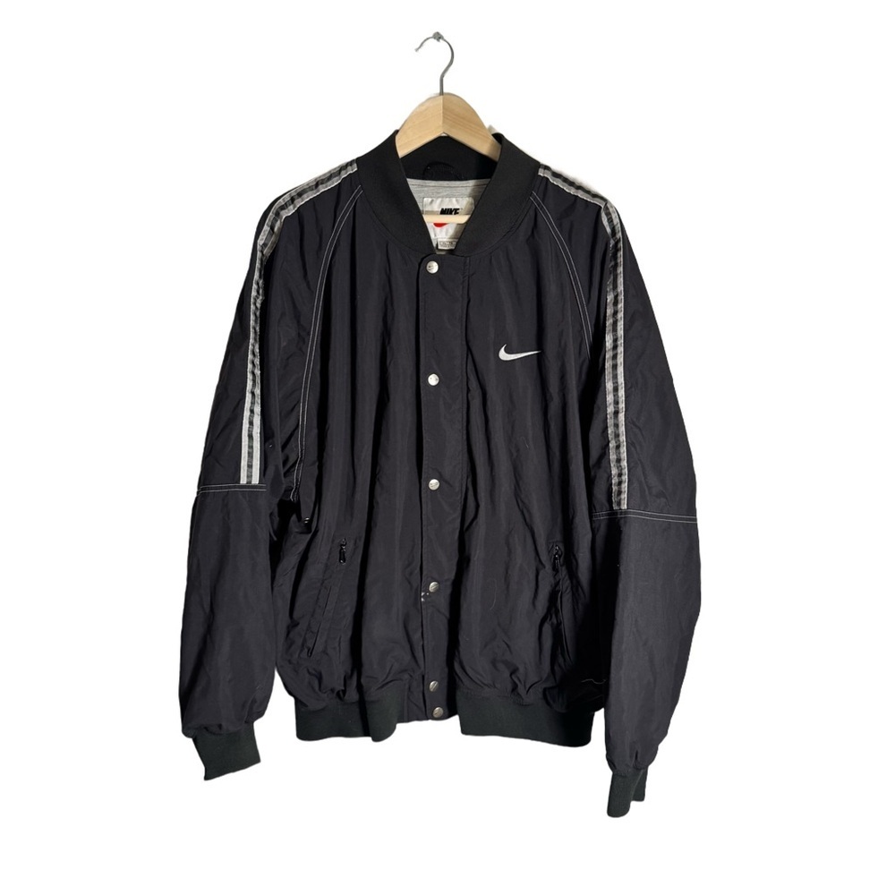 Vintage Nike Men's XL Bomber Jacket Black Striped 90s Y2K Skater Snap Grunge - Picture 1 of 7